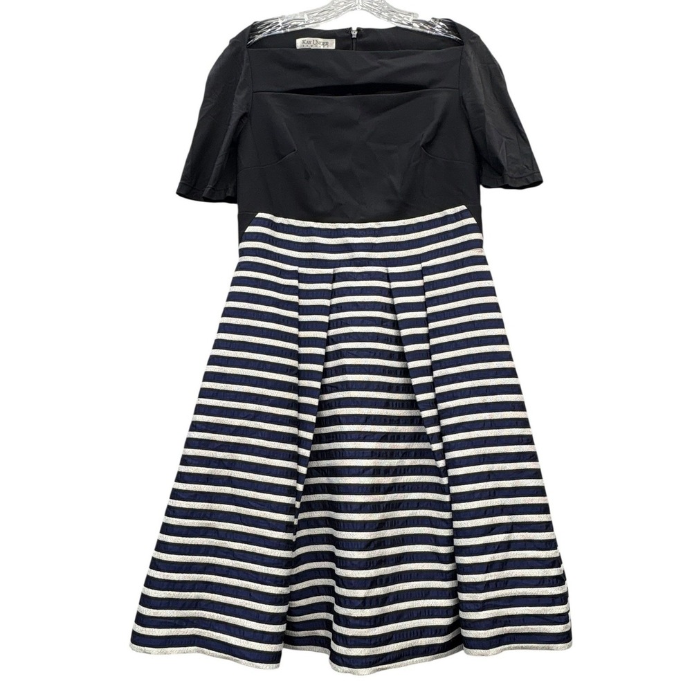 Kay Unger New York Fit Flare Midi Dress Striped Pleated Full Skirt Cocktail